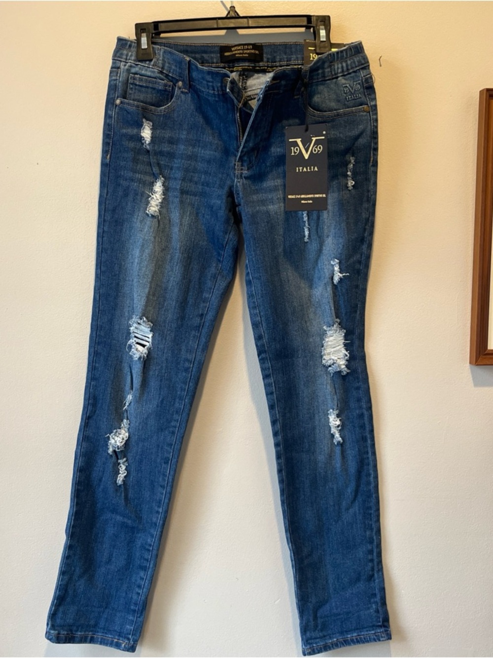 Versace Skinny Distressed Jeans in Dark Blue Size 28